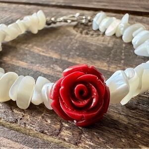 Red Rose and White Bead Bracelet